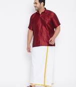 Men's maroon and white silk blend shirt and mundu set