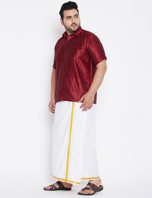 Men's maroon and white silk blend shirt and mundu set 2