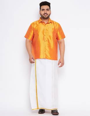 Men's orange and white silk blend shirt and mundu 1