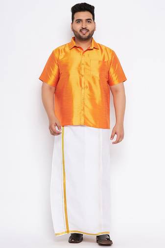 Men's orange and white silk blend shirt and mundu