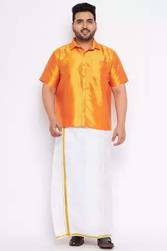 Men's orange and white silk blend shirt and mundu