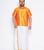 Men's orange and white silk blend shirt and mundu