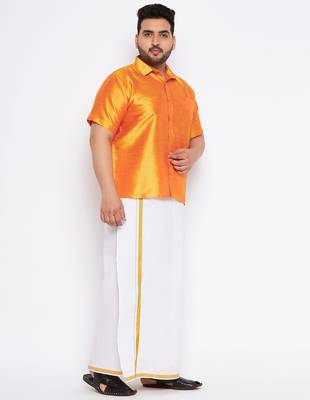 Men's orange and white silk blend shirt and mundu 2