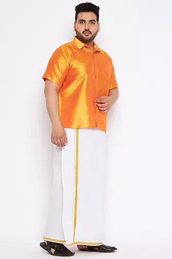 Men's orange and white silk blend shirt and mundu