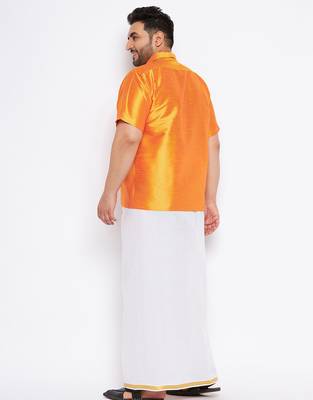 Men's orange and white silk blend shirt and mundu 3