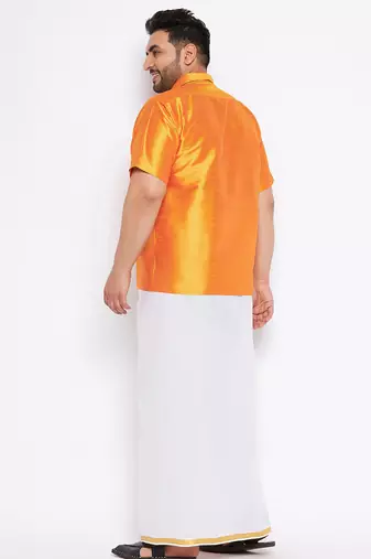 Men's orange and white silk blend shirt and mundu