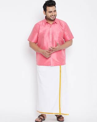 Men's pink and white silk blend shirt and mundu set 1