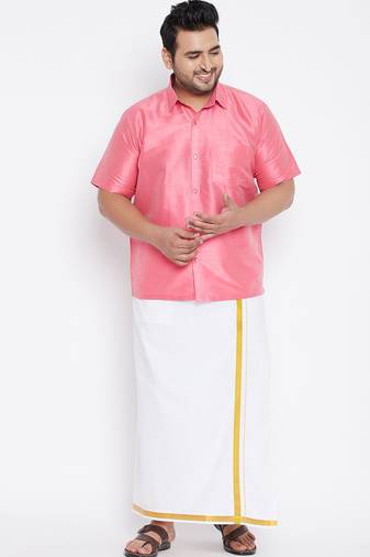 Men's pink and white silk blend shirt and mundu set