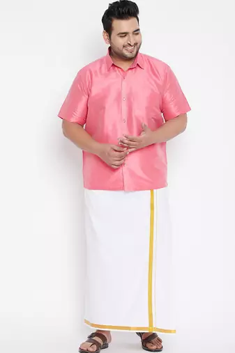 Men's pink and white silk blend shirt and mundu set