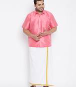 Men's pink and white silk blend shirt and mundu set