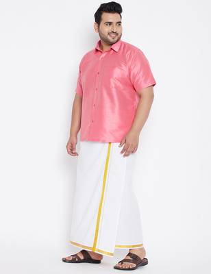 Men's pink and white silk blend shirt and mundu set 2