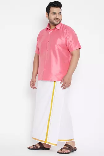 Men's pink and white silk blend shirt and mundu set