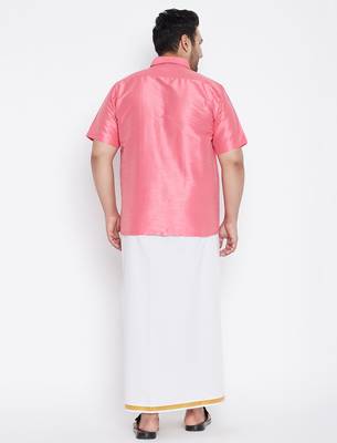 Men's pink and white silk blend shirt and mundu set 3