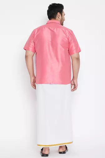 Men's pink and white silk blend shirt and mundu set