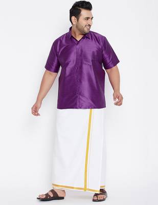 Men's purple and white silk blend shirt and mundu set 1