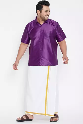Men's purple and white silk blend shirt and mundu set