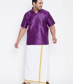 Men's purple and white silk blend shirt and mundu set