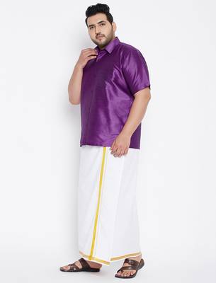 Men's purple and white silk blend shirt and mundu set 2