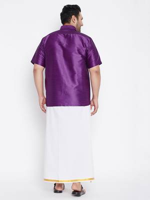 Men's purple and white silk blend shirt and mundu set 3