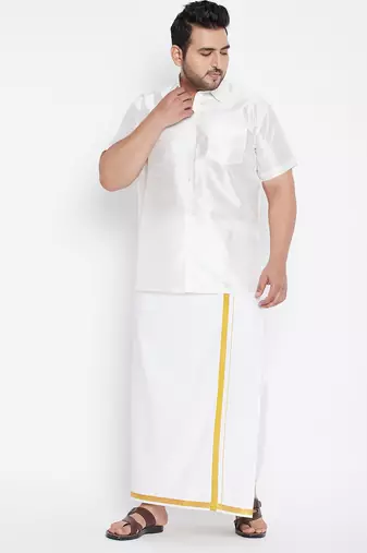 Men's white silk blend shirt and mundu set