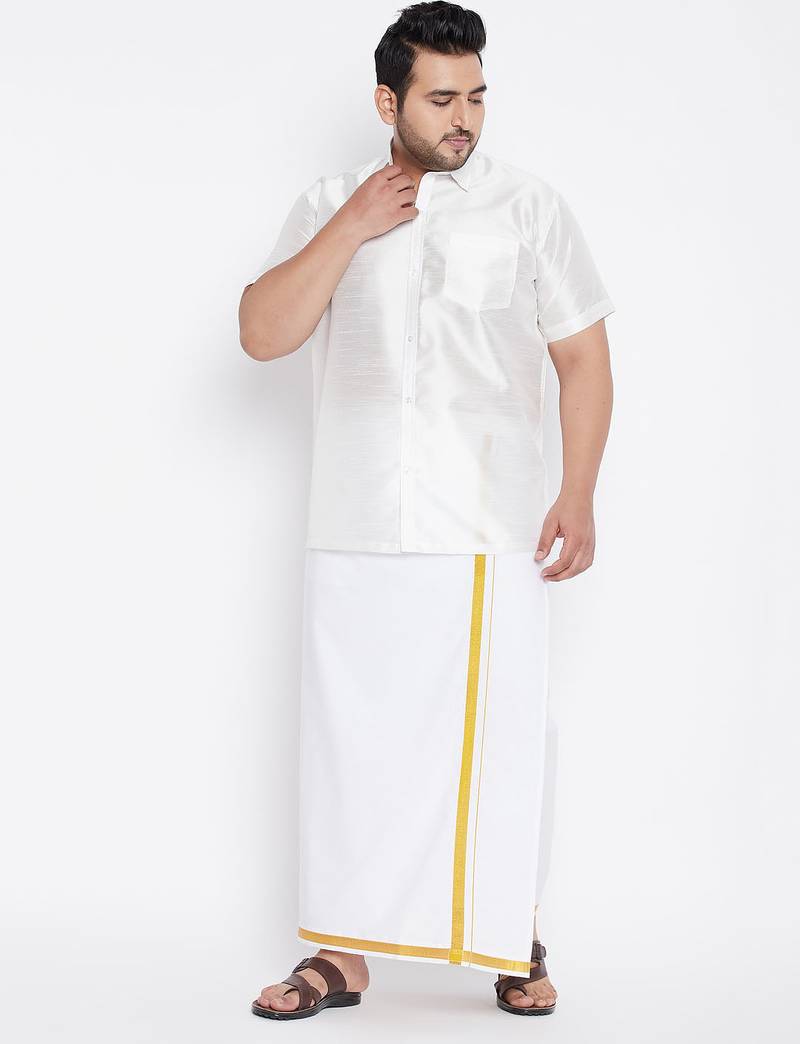 Men's white silk blend shirt and mundu set