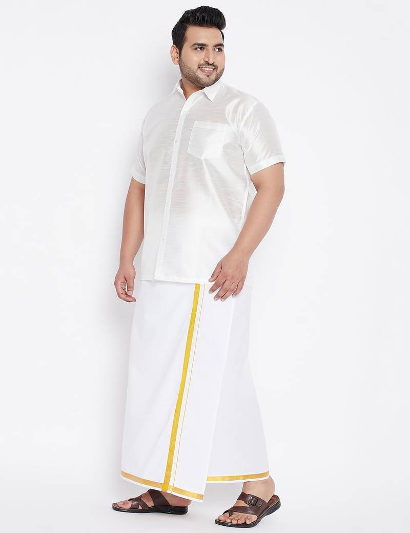 Men's white silk blend shirt and mundu set