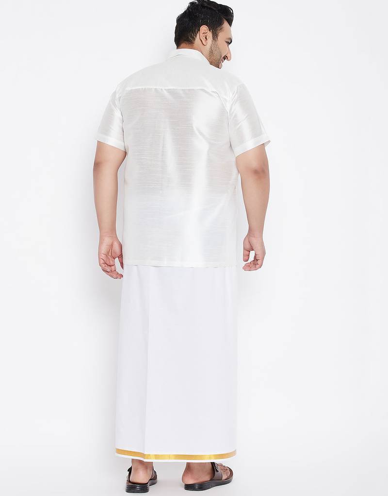 Men's white silk blend shirt and mundu set
