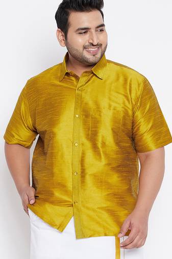 Men's mustard silk blend ethnic shirt