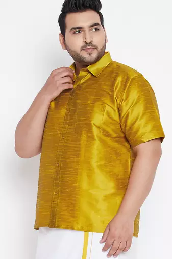 Men's mustard silk blend ethnic shirt
