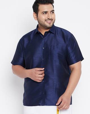 Men's navy blue silk blend ethnic shirt 1