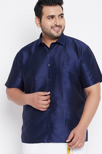 Men's navy blue silk blend ethnic shirt