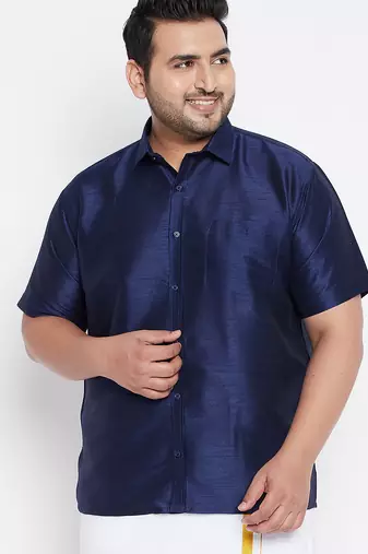 Men's navy blue silk blend ethnic shirt