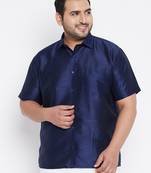Men's navy blue silk blend ethnic shirt