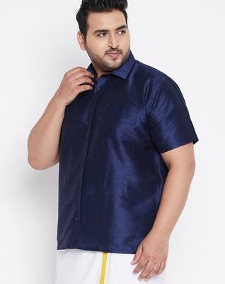 Men's navy blue silk blend ethnic shirt 2