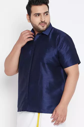 Men's navy blue silk blend ethnic shirt