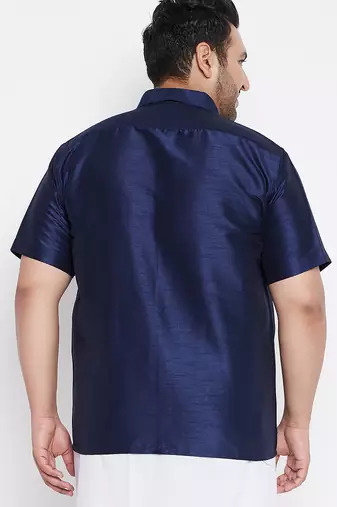 Men's navy blue silk blend ethnic shirt