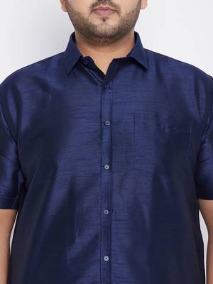 Men's navy blue silk blend ethnic shirt 4