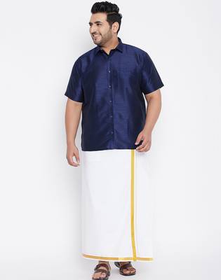 Men's navy blue silk blend ethnic shirt 5