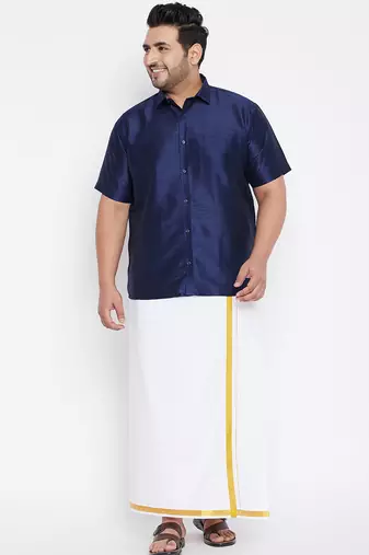 Men's navy blue silk blend ethnic shirt