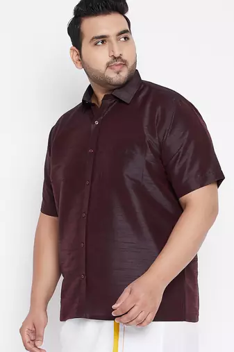 Men's wine silk blend ethnic shirt