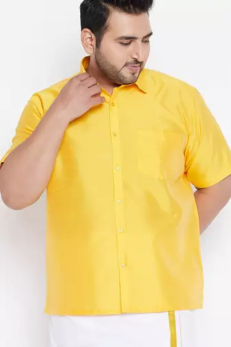Men's yellow silk blend ethnic shirt