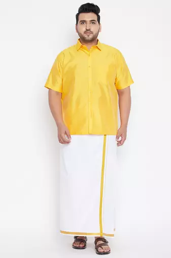 Men's yellow silk blend ethnic shirt