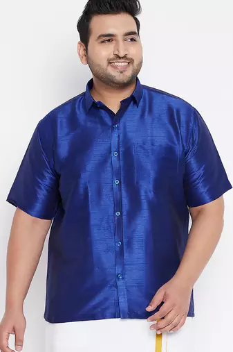 Men's blue silk blend ethnic shirt