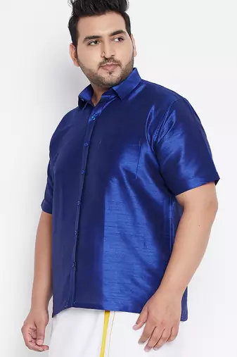 Men's blue silk blend ethnic shirt