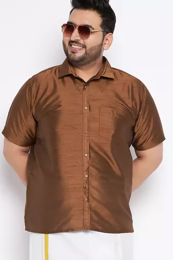 Men's coffee silk blend ethnic shirt