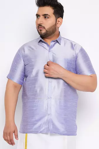 Men's bluish white silk blend ethnic shirt