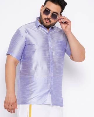 Men's bluish white silk blend ethnic shirt 2