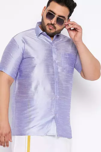 Men's bluish white silk blend ethnic shirt