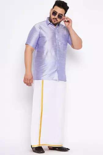 Men's bluish white silk blend ethnic shirt