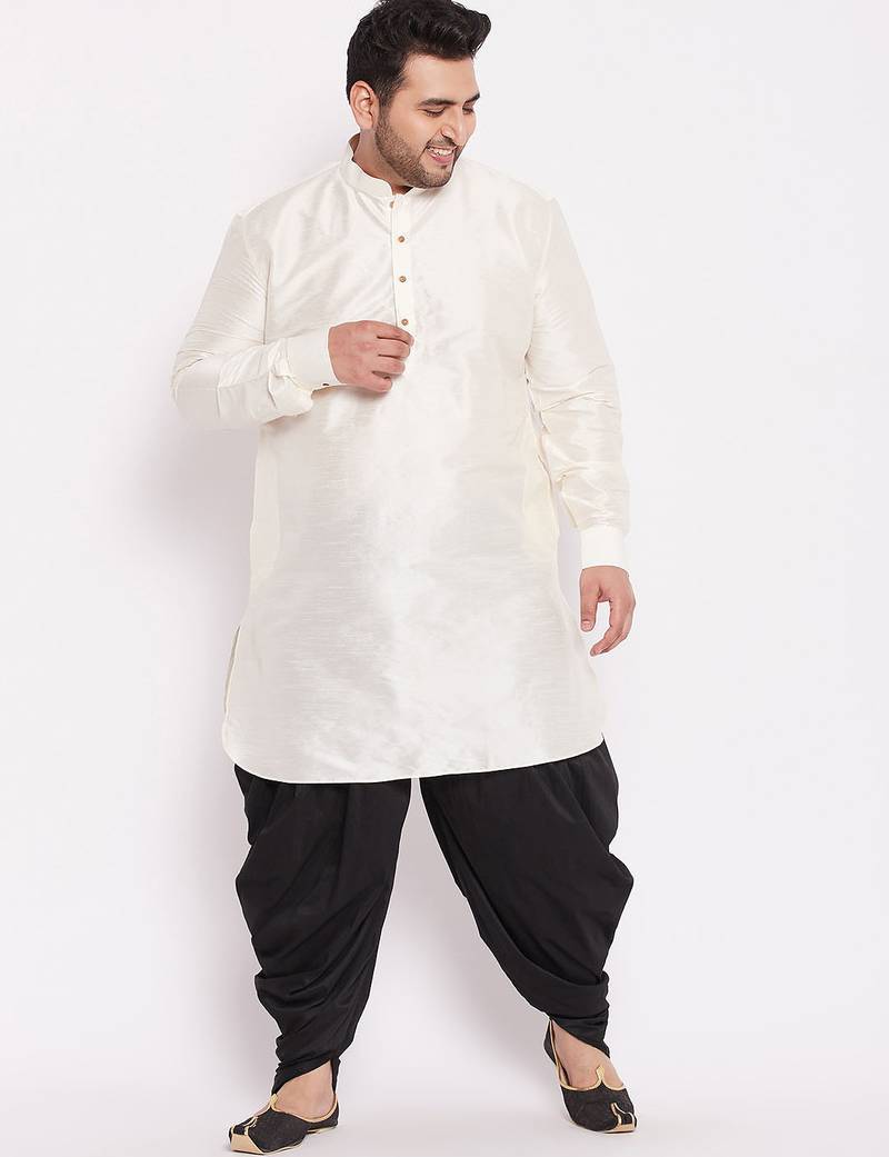 Men's cream and black silk blend kurta and dhoti set